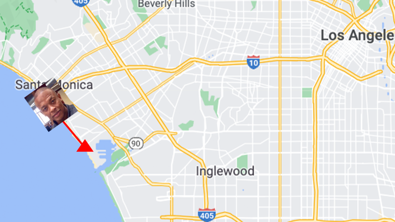 An image of Dr. Dre is shown near Santa Monica with a red arrow pointing to his approximate location.