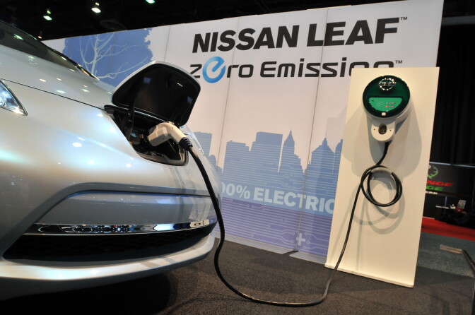 The Nissan Leaf prototype electric car on display during the press preview for the world automotive media North American International Auto Show at the Cobo Center January 12, 2010 in Detroit, Michigan.