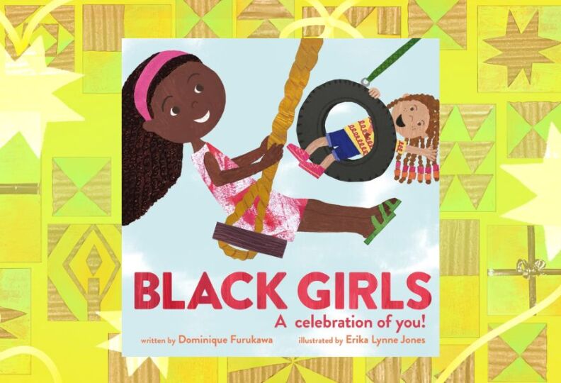 A photograph of a book cover featuring two girls at play, one is smiling as she sways on a swing made of wood and heavy rope, while the other is playing on a tire swing. The image is set against a decorative lime green background accented with stars, gift boxes and strands of ribbon.
