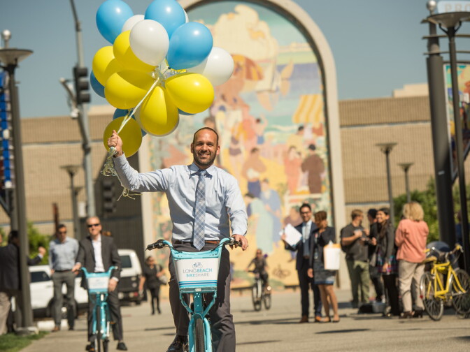 A photo from the unveiling of the Long Beach Bike Share program.