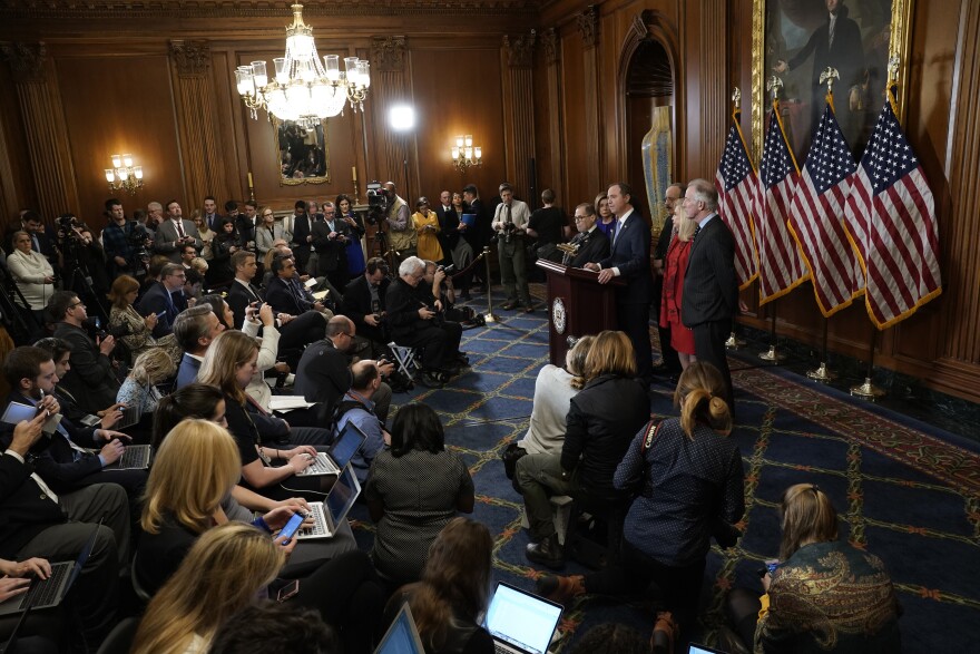 WASHINGTON, DC - DECEMBER 10:  Speaker of the Nancy Pelosi (D-CA) joins House investigative committee chairs Rep. Jerry Nadler (D-NY), Rep. Adam Schiff (D-CA), Rep. Eliot Engel (D-NY), Rep. Carolyn Maloney (D-NY) and Rep. Richard Neal (D-MA) as they announce the next steps in the House impeachment inquiry at the U.S. Capitol December 10, 2019 in Washington, DC. The impeachment charges include abuse of power and obstruction claims and “clear and present danger” to national security and the 2020 election.  (Photo by Win McNamee/Getty Images)