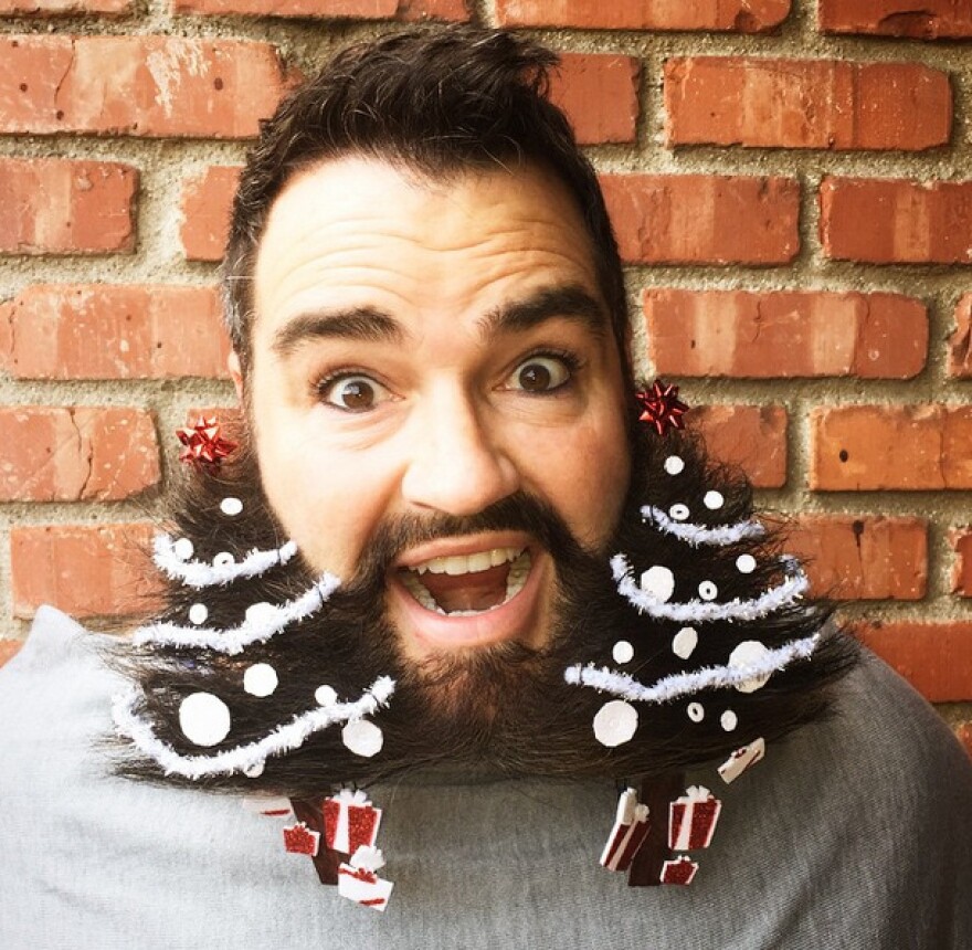 Dean Banowetz, known as the Hollywood Hair Guy, shows off his Christmas tree-themed beard.