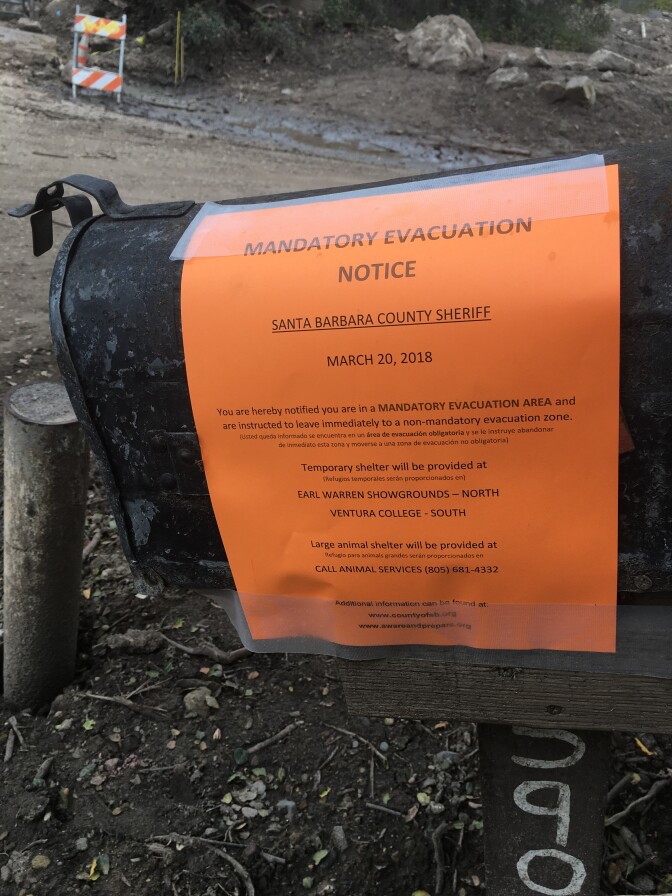 The evacuation notices on everyone’s mailboxes in the mandatory zones in Santa Barbara County, as seen on Tuesday, March 20, 2018. Taken on Toro Canyon Road in Montecito.