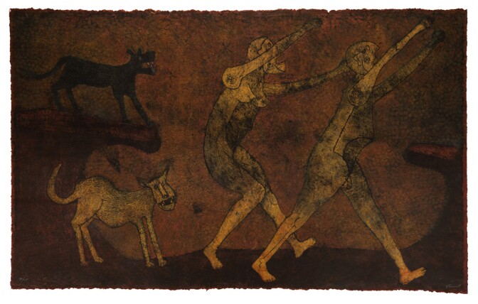 A painting of two human like figures on a dark brown background being chased by two dog like creatures. One is tannish in color. The other is dark brown. 