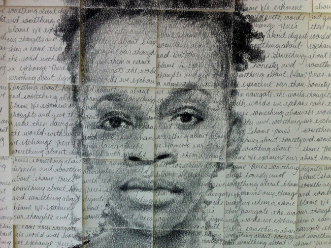 Detail of a monumental drawing of three of Kenturah Davis' friends and acquaintances, showing at Papillion Art in Leimert Park in South LA. 