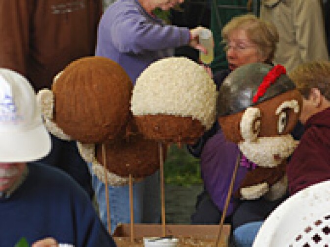 Some monkey heads from the wacky monkey barber shop of Cal Poly Universities 2010 Tournament of Roses float, Jungle Cuts.