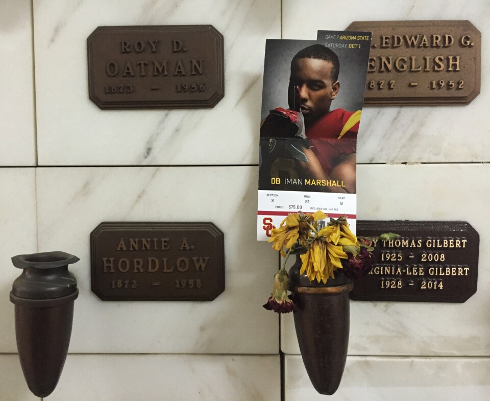 A USC football fan's crypt at the Mountain View Cemetery in Altadena.