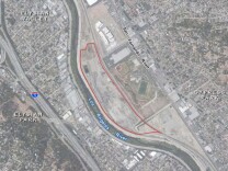 The red outline shows the G2 parcel within the former Taylor Yard railroad complex north of Downtown Los Angeles