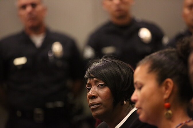 LOS ANGELES, CA - JUNE 09: Tritobia Ford, the mother of Ezell Ford, LAPD headquarters on June 9, 2015 in Los Angeles, California. The civilian board that oversees the Los Angeles Police Department will decide on whether two officers violated department policy when they shot and killed Ezell Ford last summer in South L.A. (Photo by Irfan Khan/Los Angeles Times via Getty Images)
