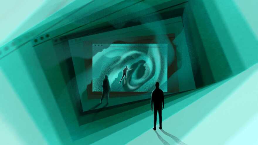 A series of illustrated computer screens appear to swirl together with male figures watching and then entering the screens.