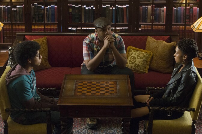 'Dear White People' creator/writer Justin Simien with actors DeRon Horton (L) and Logan Browning (R).