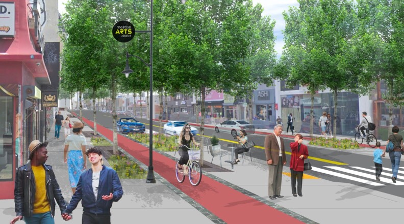 A digital rendering shows a street with lots of trees, people walking, a protected bike lane and car traffic in the background.