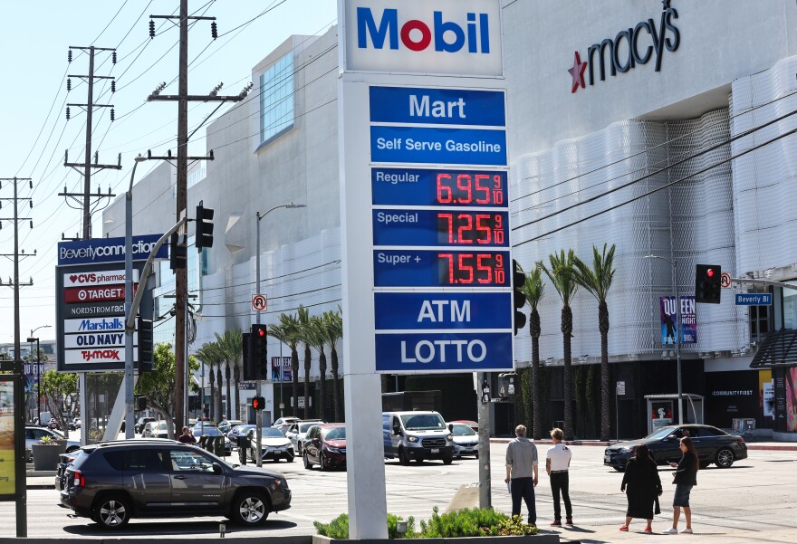 A gallon of regular gas is $6.95 with "Super" at $7.55 at a Mobil station across from the Macy's at the Beverly Center.
