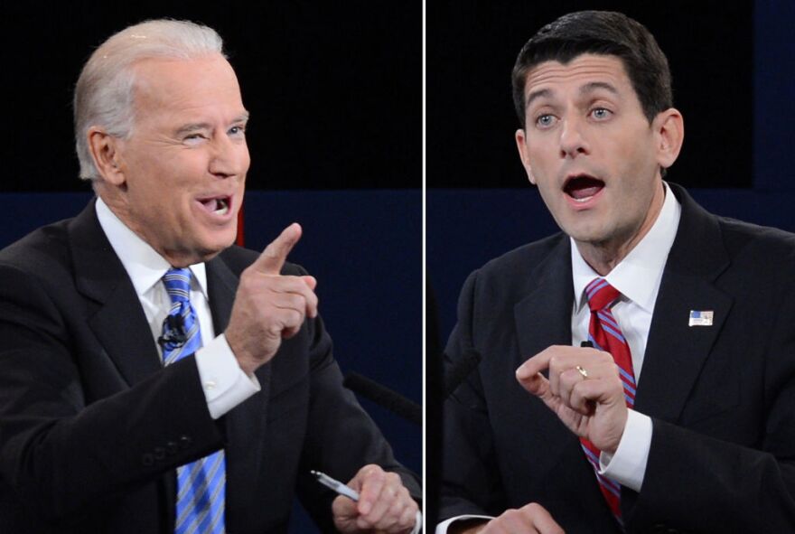 A combination picture of the vice presidential debate between US Vice President Joe Biden (L) and Republican vice presidential candidate Paul Ryan (R) at the Norton Center at Centre College in Danville, Kentucky, October 11, 2012, moderated by Martha Raddatz of ABC News. 
