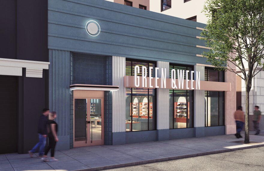 The front of Green Qween's planned building. It's neutral in color with the words "GREEN QWEEN" above the windows. There are renderings of people walking on the sidewalk nearby.
