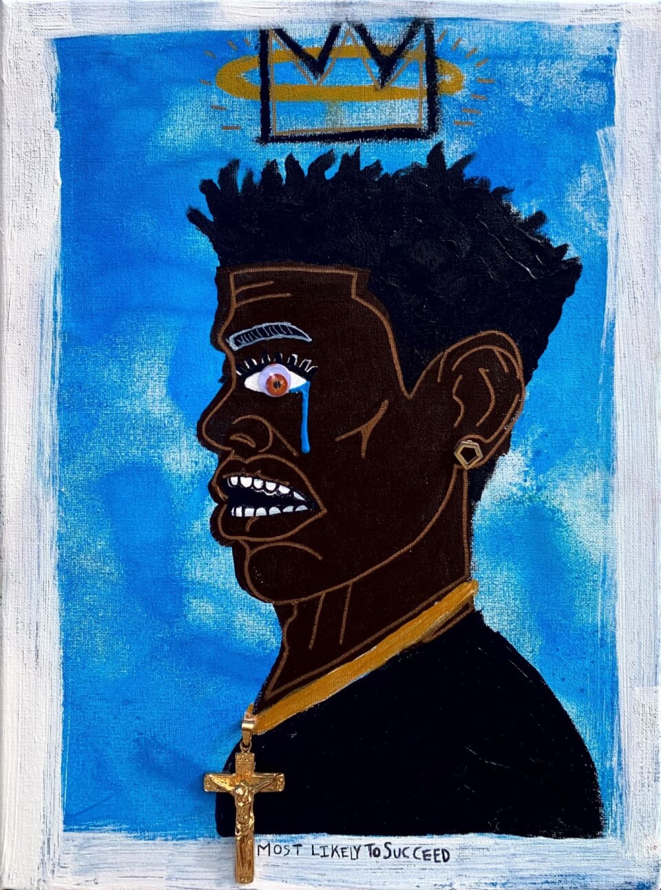 A painting of the side profile of a Black man against a bright blue background. Only one eye is visible and there is a tear falling from it down his cheek.