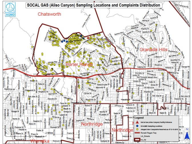 The yellow dots show locations where residents have complained of smells coming from a leaking natural gas well in the Aliso Canyon gas storage field.