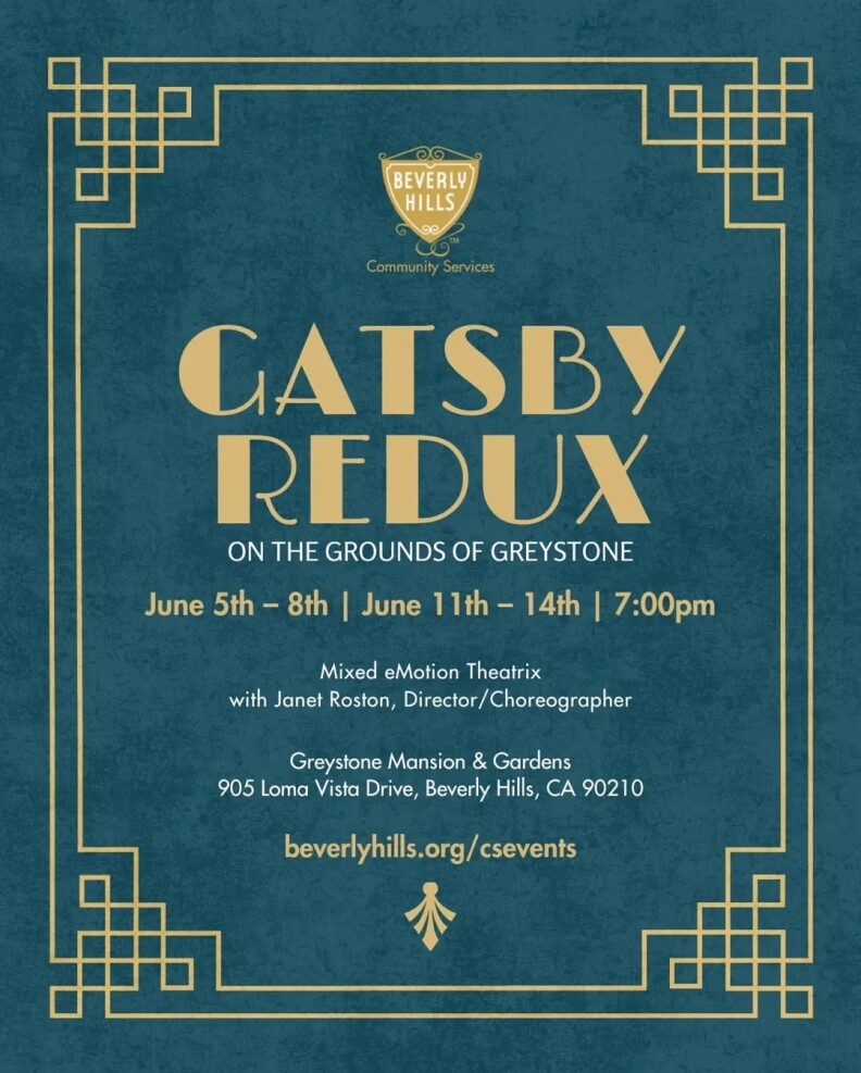 A digital poster for "Gatsby Redux," an event presented by Beverly Hills Community Services. The poster is an emerald green color with gold lettering.