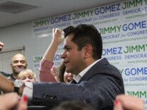 Candidate Jimmy Gomez (D) announcing the result of the election at his campaign headquarters  on June 6, 2017, in Los Angeles, California.