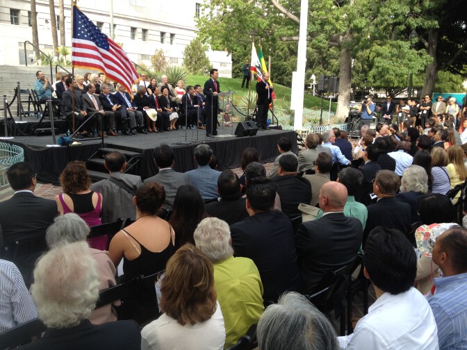 Several hundred supporter and civic leaders gathered for the swearing-in ceremony of LA City Councilman David Ryu, the first even Korean American to serve on the council. June 28, 2015.