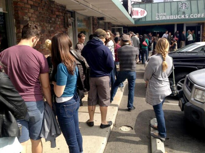 On Sunday, the coffee shop was swamped with curious coffee-seekers. Cups of joe and pastries were still free, as they were Friday and Saturday.