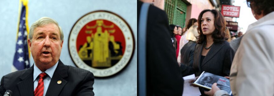 File: Los Angeles District Attorney Steve Cooley (L) and San Francisco District Attorney Kamala Harris (R)