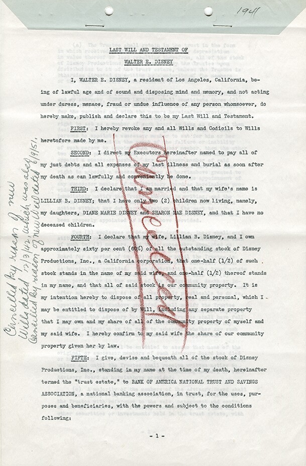 Walt Disney signed Last Will and Testament page 1.