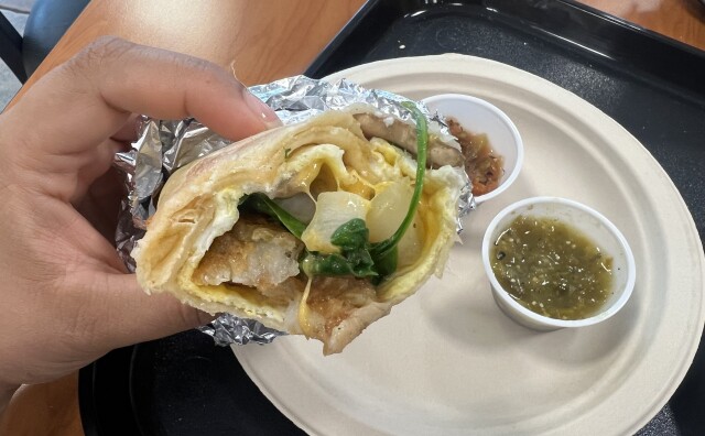 A person holding a half eaten burrito. Salsa verde is visible in a container on a paper plate. 