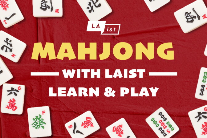 Promotional graphic with text reading Mahjong with LAist, Learn and Play, set against a red background scattered with Mahjong tiles. 