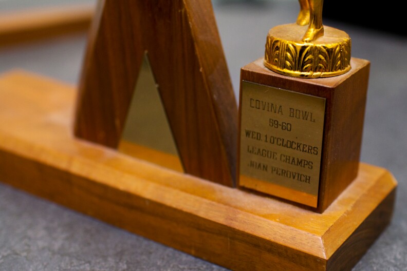 The trophy is from the 1959-1960 season, for the Wed. 10'Oclockers League Champions.
