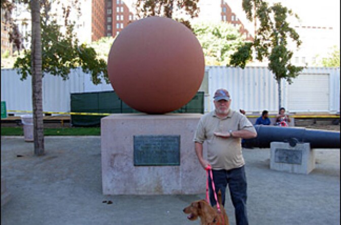 Off-Ramp city critic Sam Hall Kaplan and friend Connor at the statue graveyard in downtown L.A.'s Pershing Square.