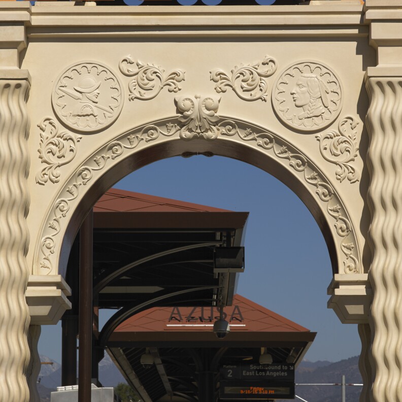 Details on portal at Azusa Downtown station, by Jose Antonio Aguirre.