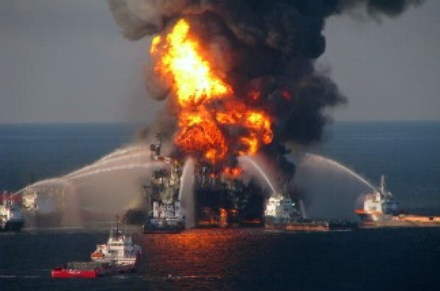 Fire boat response crews battle the blazing remnants of the off shore oil rig Deepwater Horizon in the Gulf of Mexico on April 21, 2010 near New Orleans, Louisiana.