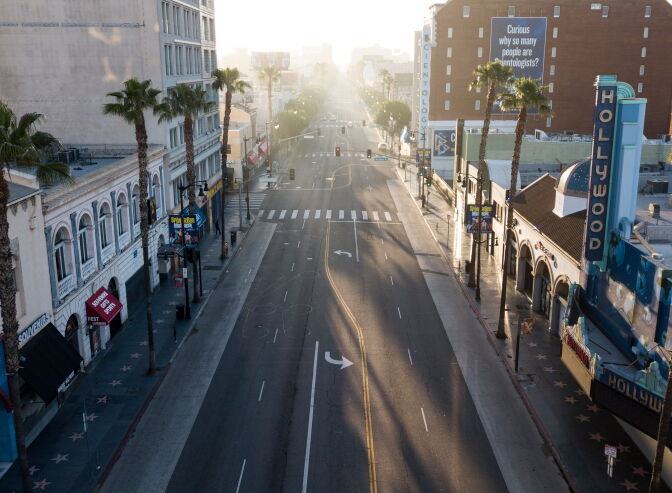 An aerial view looking east along Hollywood Blvd on April 27, 2020 in Hollywood, California during the coronavirus COVID-19 pandemic. (Photo by Robyn Beck / AFP) (Photo by ROBYN BECK/AFP via Getty Images)