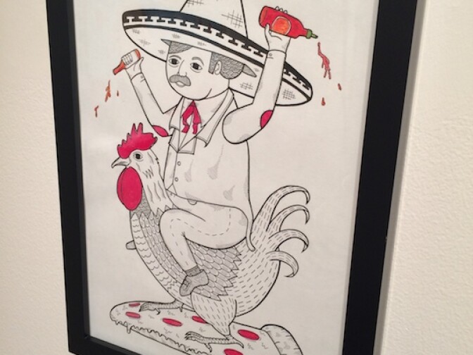Michael C. Hsiung's "On the topic of how various sauces can make pizza better." The museum describes that he, "illustrates the impact of both Sriracha and Tapatío on Los Angeles food and culture. The popularity of Sriracha and Tapatío reflects how Los Angeles’s culturally diverse neighborhoods have helped shape and evolve some of our most familiar cuisine, such as the always popular pizza."