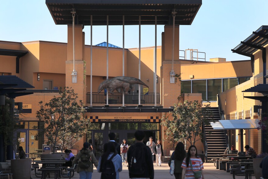 A view of students and faculty crossing a courtyard with scattered trees. The building in the background is orange-hued. A large statue of an anteater hangs over the courtyard.