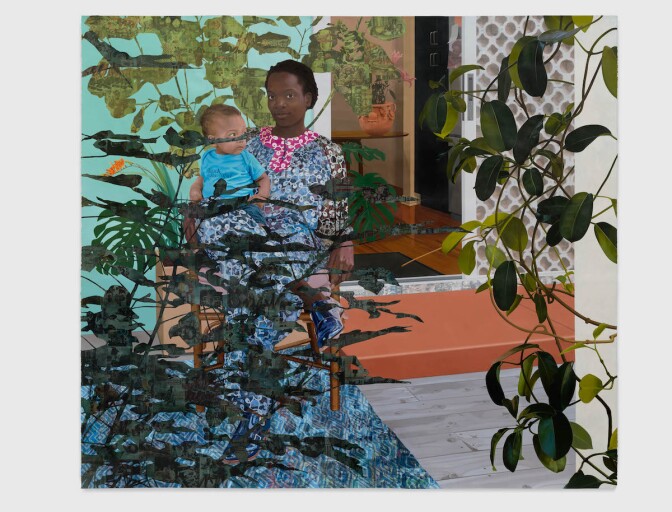 A painting of a Black woman with a child on her lap. On either side of the picture are plants/vines hanging down.