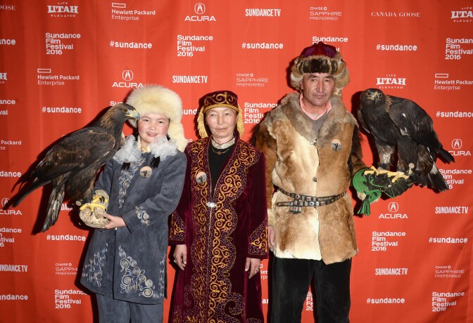 PARK CITY, UT - JANUARY 24: (L-R) Aisholpan Nurgaiv, Almagul Kuksygyen and Nurgaiv Rys attend the "Eagle Huntress" Premiere during the 2016 Sundance Film Festival at Prospector Square on January 24, 2016 in Park City, Utah.  (Photo by Matt Winkelmeyer/Getty Images for Sundance Film Festival)