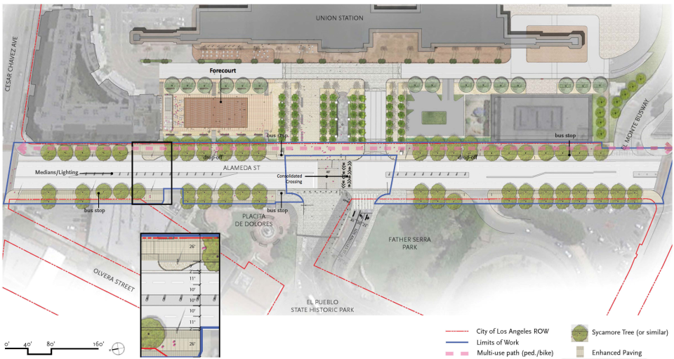 A rendering shows plans for the redesigned forecourt and esplanade of Union Station, which will have a walking and biking path and pedestrianized plaza in place of current parking.