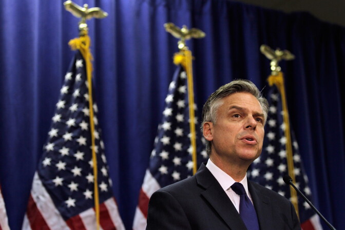 MYRTLE BEACH, SC - JANUARY 16:  Former Utah Gov. Jon Huntsman speaks as he announces that he will drop out of the race for the White House bid and endorse Mitt Romney January 16, 2012 in Myrtle Beach, South Carolina. The rest of the candidates running for president are holding a debate this evening as they continue to campaign before the January 21 South Carolina primary.  (Photo by Joe Raedle/Getty Images)