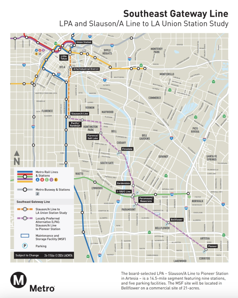 A map shows a street grid in white set against a beige background, with multicolored lines depicting existing and planned rail lines.