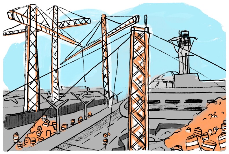 Illustrated orange construction cranes loom over airport parking and terminals in gray