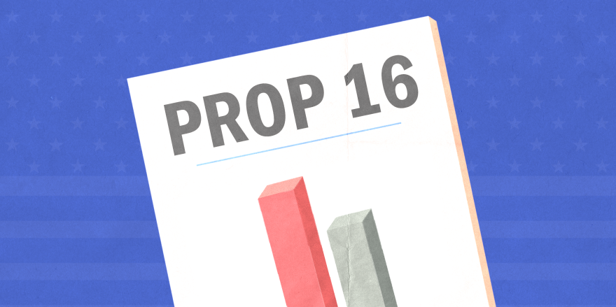 An illustration depicts a bar chart with the words "Prop 16."
