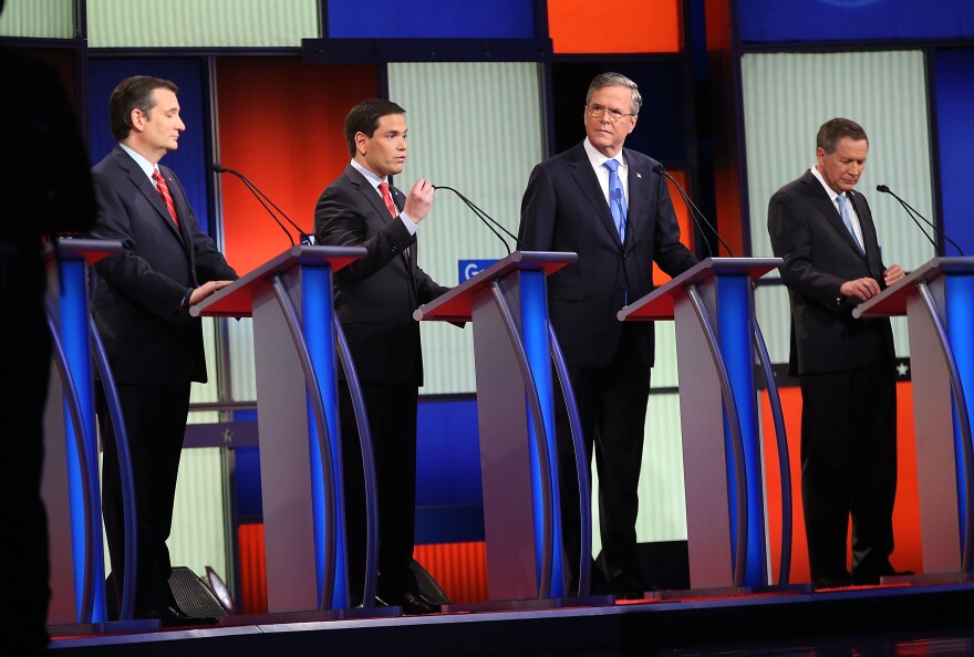 Republican presidential candidates (R-L) Ohio Governor John Kasich, Jeb Bush, Sen. Marco Rubio (R-FL) and Sen. Ted Cruz (R-TX) participate in the Fox News - Google GOP Debate.