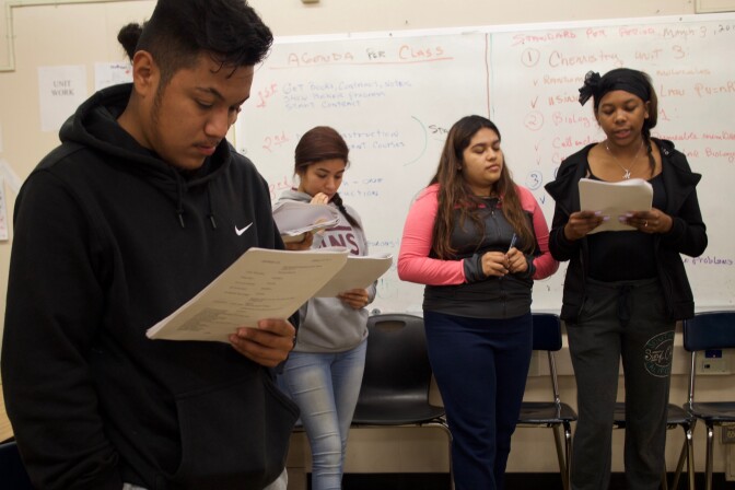Students at Pueblo de los Angeles High School rehearse the play "I: Witness."