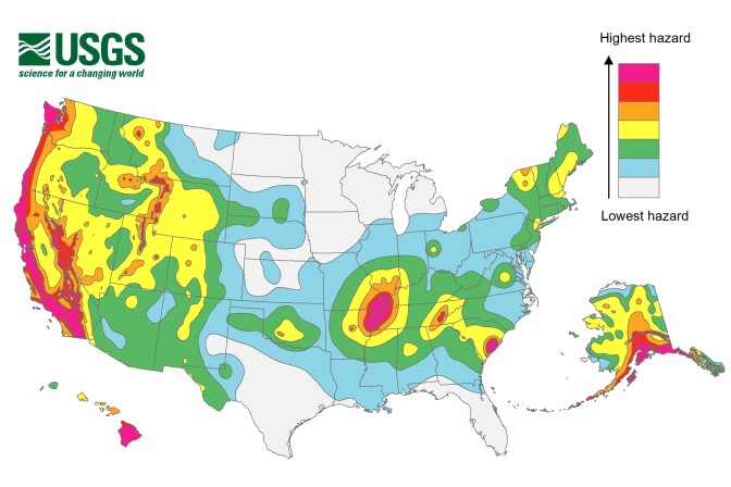 This is the latest version of the U.S. National Seismic Hazard Maps. The map indicates that 42 states face some seismic risk, 16 are high risk states.