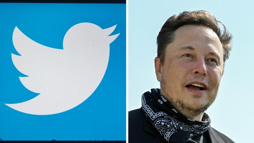 The Twitter icon, white on a blue background is next to an image of Elon Musk outside with a scarf.