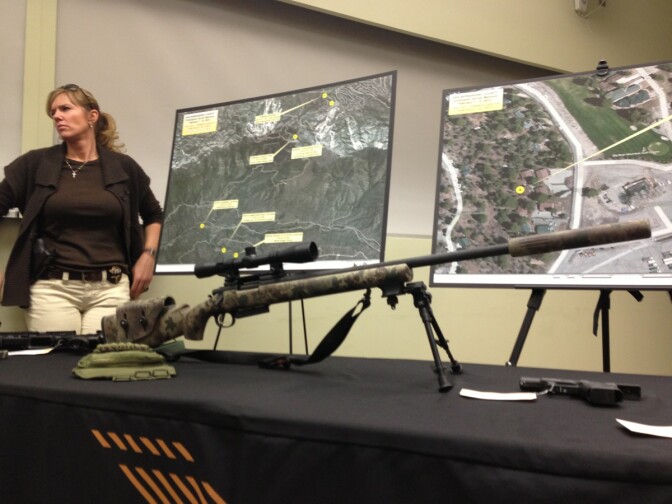 The sniper rifle recovered following the death of alleged murderer and ex-LAPD officer Christopher Dorner, shown at a press conference Friday, Feb. 15, 2013.