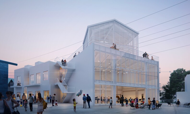 An artist rendering of a white building, about three stories high, faced with glass.