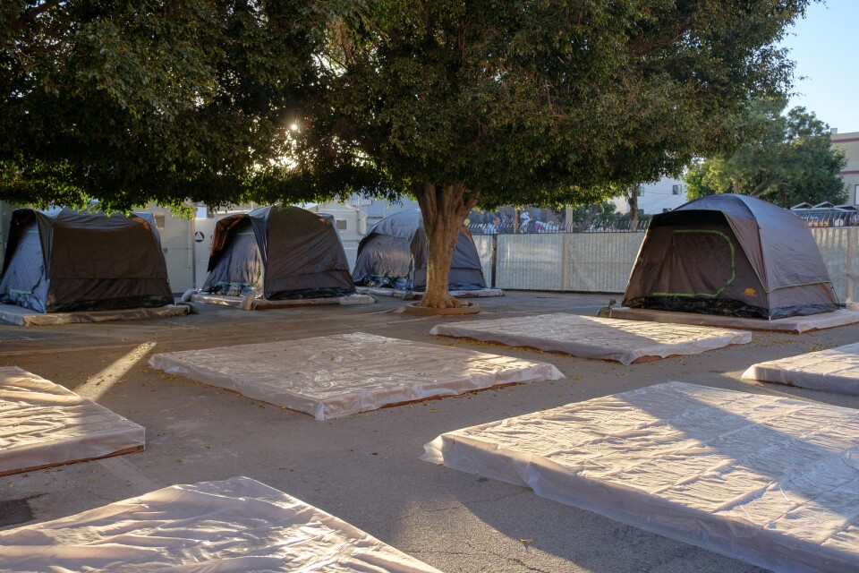 Tents are shown on top of pallets at a safe camping site.